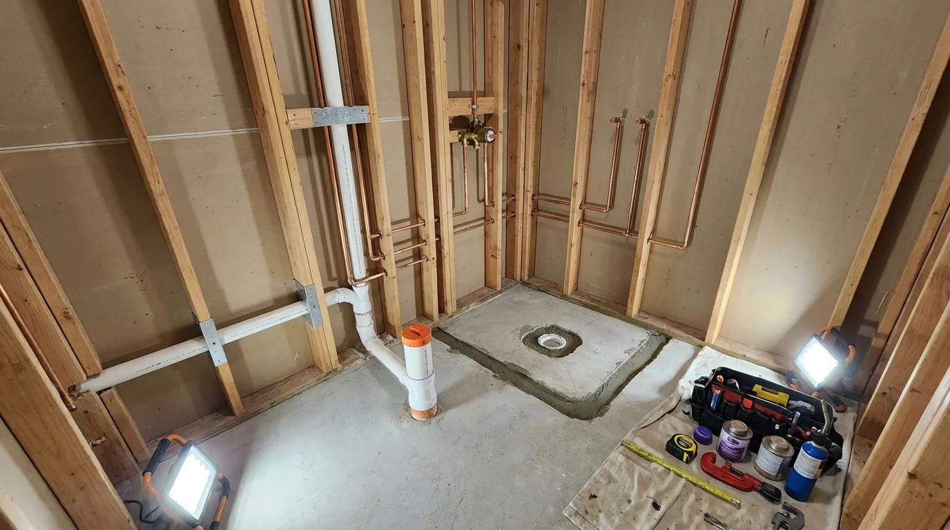 Bathroom rough-in plumbing during remodel by Johns Plumbing LLC in Barre