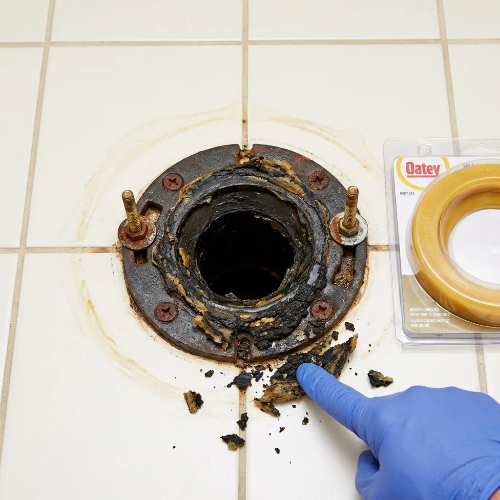 Failed wax ring showing water seepage at the base of a toilet in a Barre, VT home